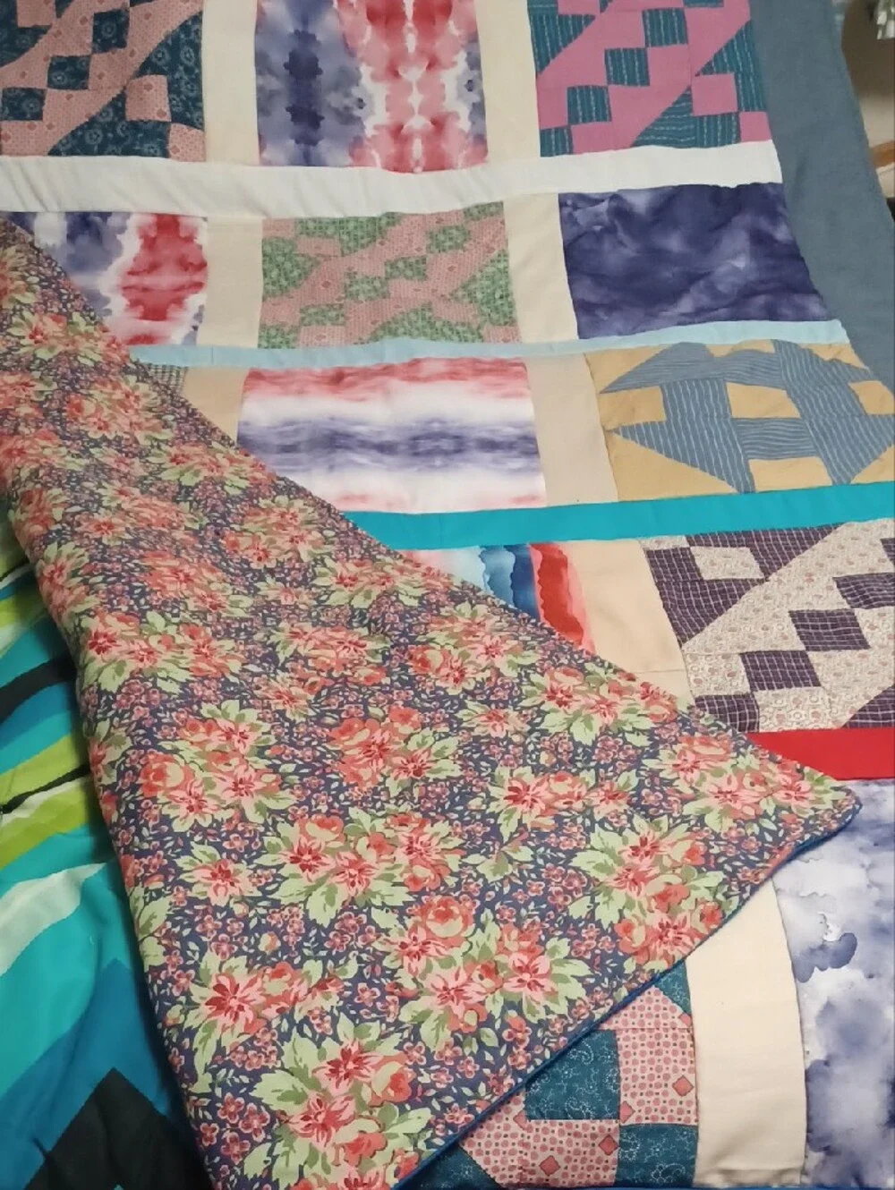 Handmade Multicolor Patchwork Lap Robe Quilt with Blue and Red Accents